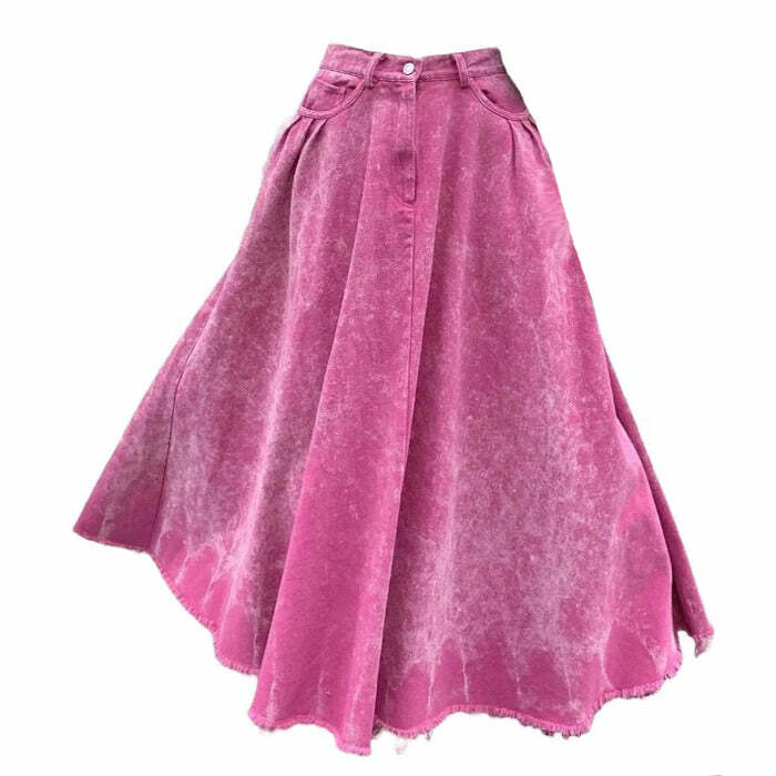 Trendy Pink Distressed Denim Maxi Skirt for Y2K Aesthetic Lovers