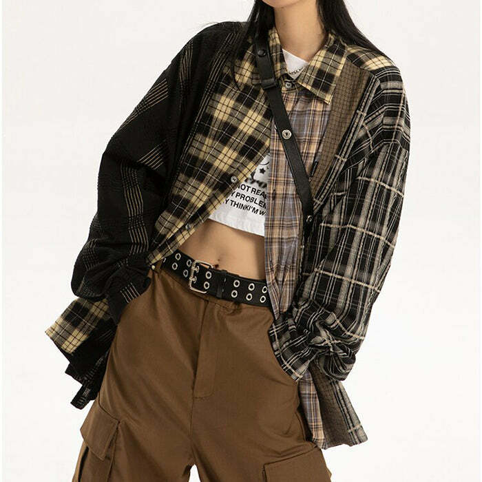 Trendy Plaid Oversized Shirt for Y2K Aesthetic and Grunge Style