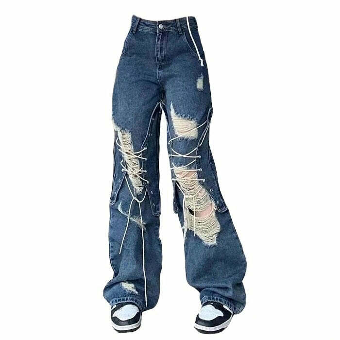 Trendy Ripped Lace Up Baggy Jeans for Y2K and Grunge Aesthetic Styles