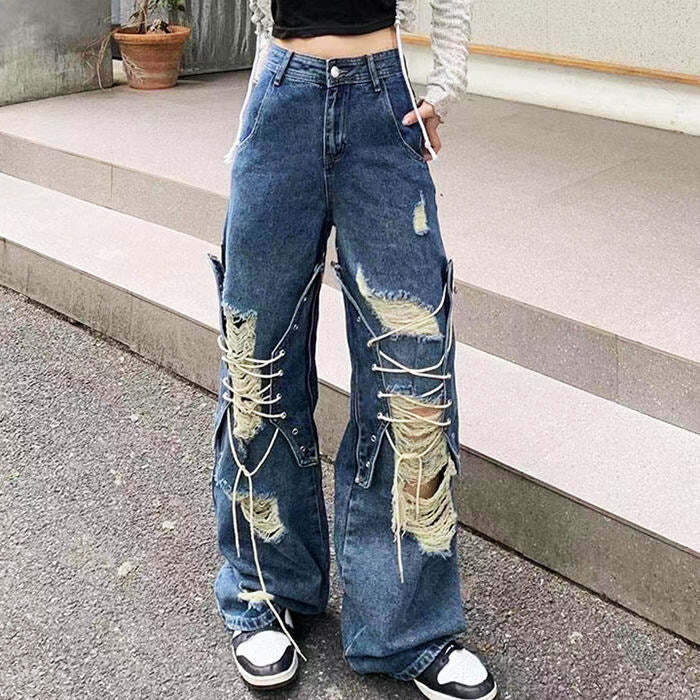 Trendy Ripped Lace Up Baggy Jeans for Y2K and Grunge Aesthetic Styles