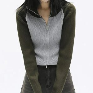 Trendy Two-Tone Zip-Up Sweater for Y2K Aesthetic and Grunge Style