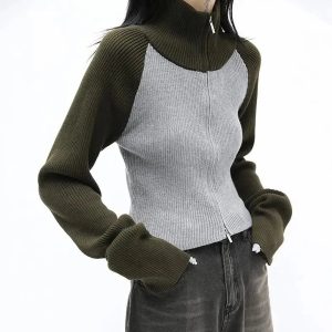 Trendy Two-Tone Zip-Up Sweater for Y2K Aesthetic and Grunge Style