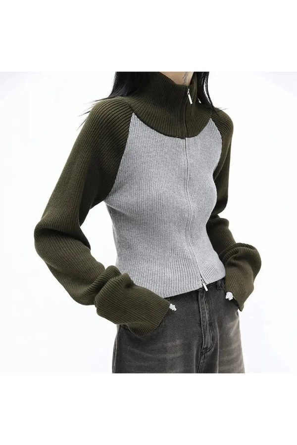 Trendy Two-Tone Zip-Up Sweater for Y2K Aesthetic and Grunge Style