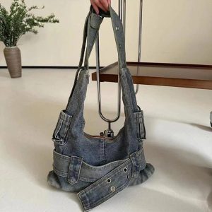 Trendy Washed Denim Buckle Shoulder Bag for Y2K and Coquette Aesthetic