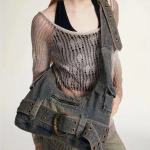 Trendy Washed Denim Buckle Shoulder Bag for Y2K and Coquette Aesthetic