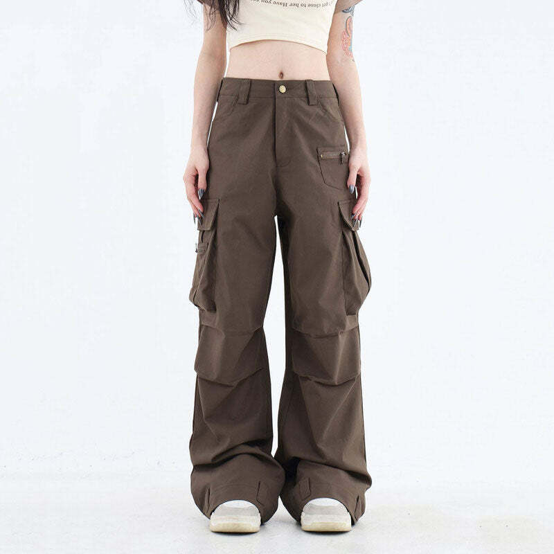 Trendy Y2K Brown Cargo Pants for Coquette and Grunge Aesthetic Styles