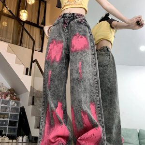 Trendy Y2K Graffiti Splash Wide-Leg Jeans for Aesthetic Outfits