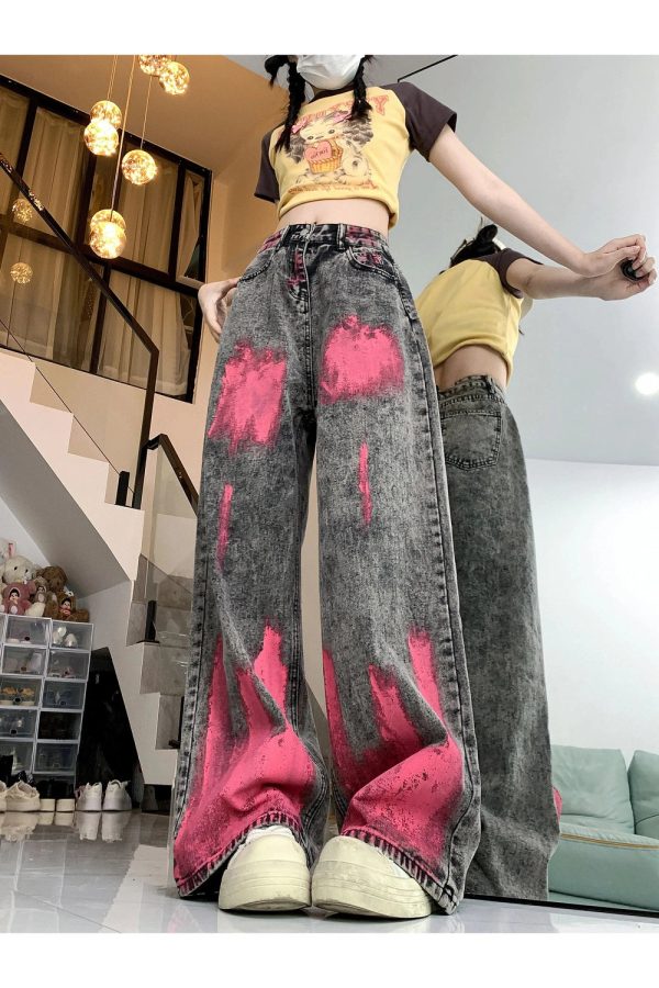 Trendy Y2K Graffiti Splash Wide-Leg Jeans for Aesthetic Outfits