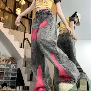 Trendy Y2K Graffiti Splash Wide-Leg Jeans for Aesthetic Outfits