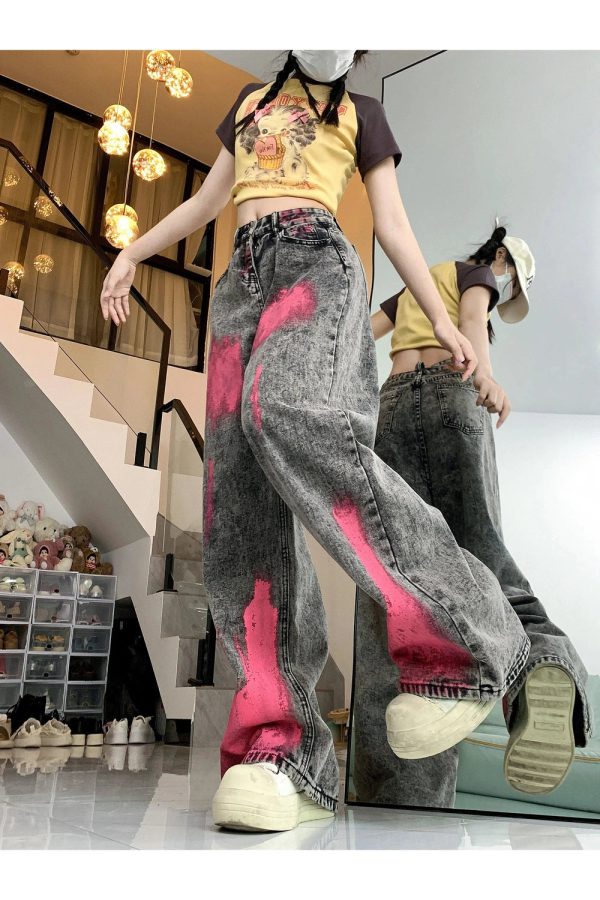 Trendy Y2K Graffiti Splash Wide-Leg Jeans for Aesthetic Outfits