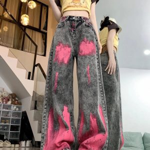 Trendy Y2K Graffiti Splash Wide-Leg Jeans for Aesthetic Outfits