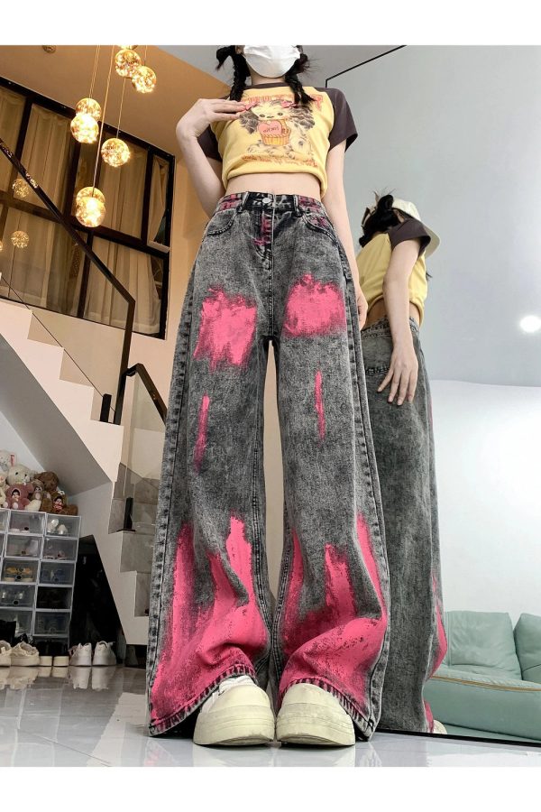 Trendy Y2K Graffiti Splash Wide-Leg Jeans for Aesthetic Outfits