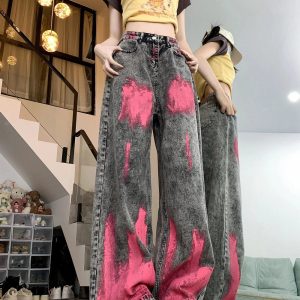 Trendy Y2K Graffiti Splash Wide-Leg Jeans for Aesthetic Outfits