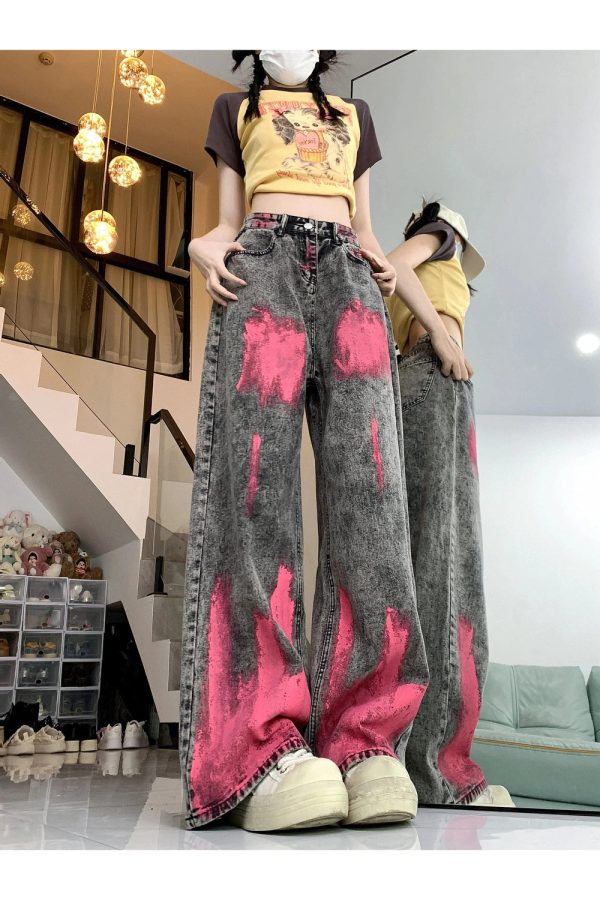 Trendy Y2K Graffiti Splash Wide-Leg Jeans for Aesthetic Outfits