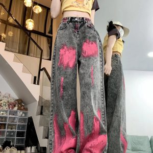 Trendy Y2K Graffiti Splash Wide-Leg Jeans for Aesthetic Outfits