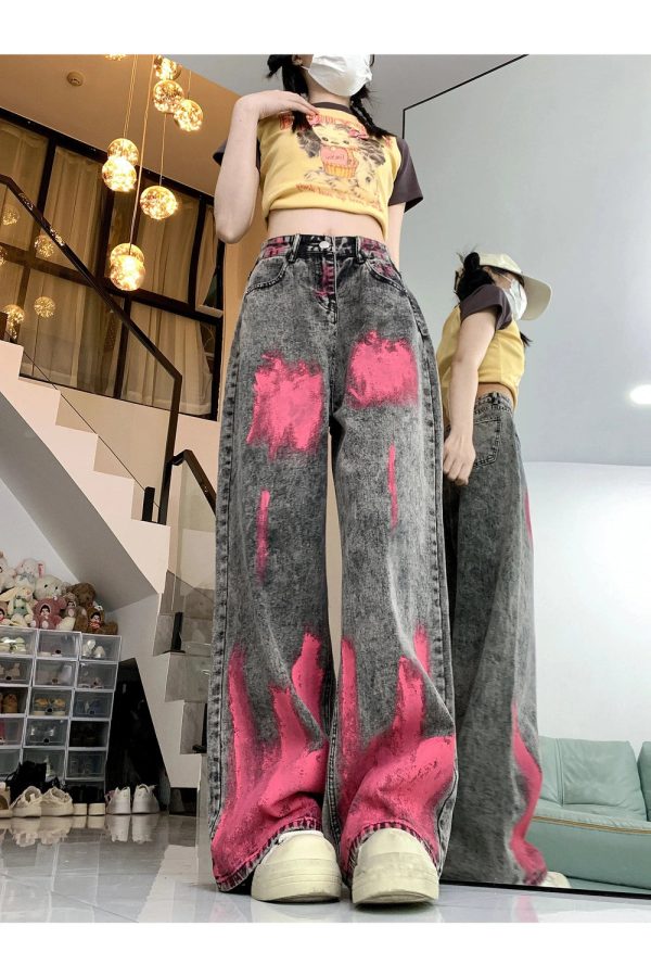 Trendy Y2K Graffiti Splash Wide-Leg Jeans for Aesthetic Outfits