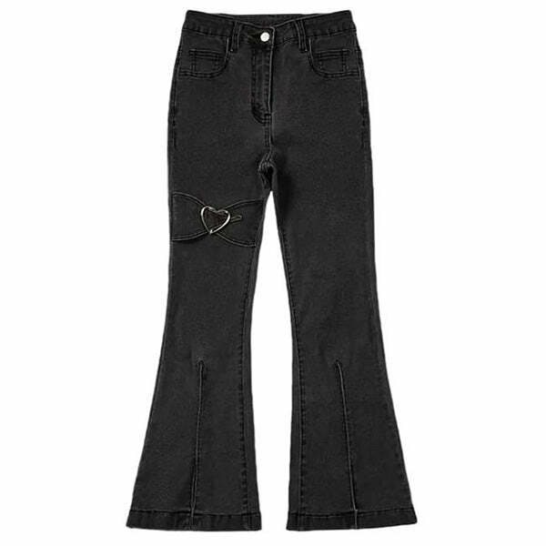 Trendy Y2K Heart Flare Jeans for a Cute Coquette Aesthetic Look