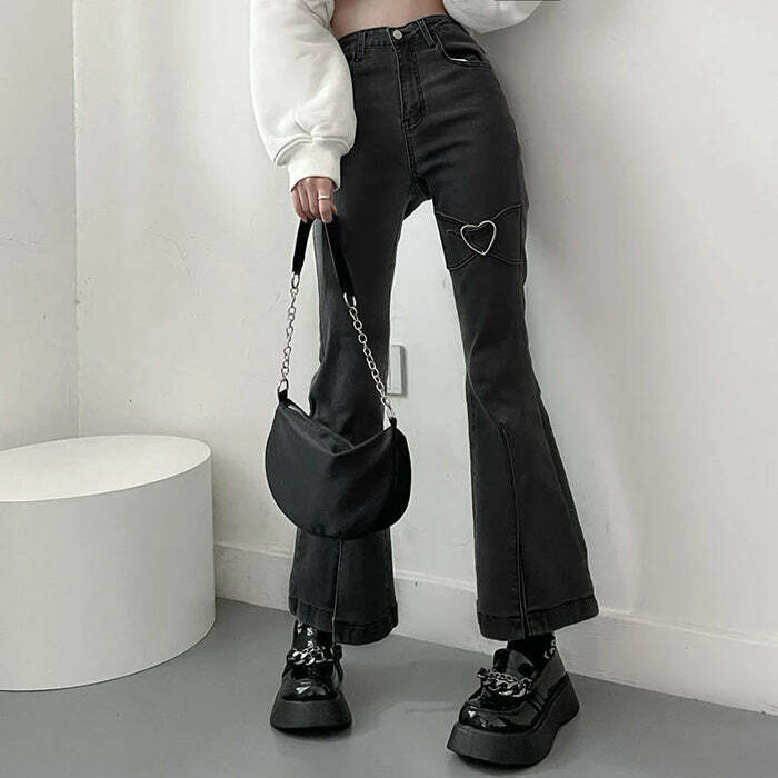 Trendy Y2K Heart Flare Jeans for a Cute Coquette Aesthetic Look