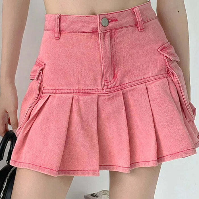 Trendy Y2K Pink Denim Cargo Mini Skirt for Aesthetic Outfits