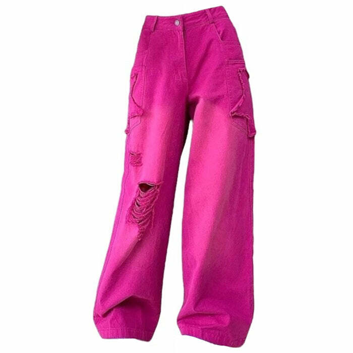 Trendy Y2K Pink Star Ripped Baggy Jeans for a Grunge Aesthetic Look