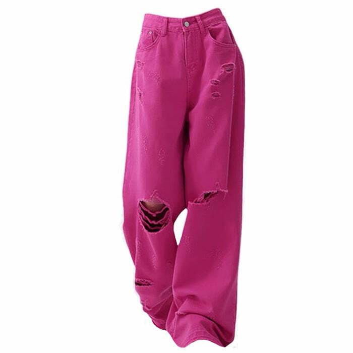 Trendy Y2K Pink Star Ripped Baggy Jeans for a Grunge Aesthetic Look