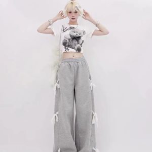 Trendy Y2K Urban Ribbon Sweatpants for Comfy Grunge Aesthetic Looks