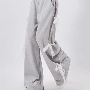 Trendy Y2K Urban Ribbon Sweatpants for Comfy Grunge Aesthetic Looks