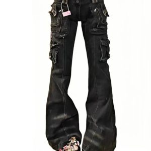 Trendy Y2K Utility Cargo Flare Jeans for Chic Aesthetic Outfits