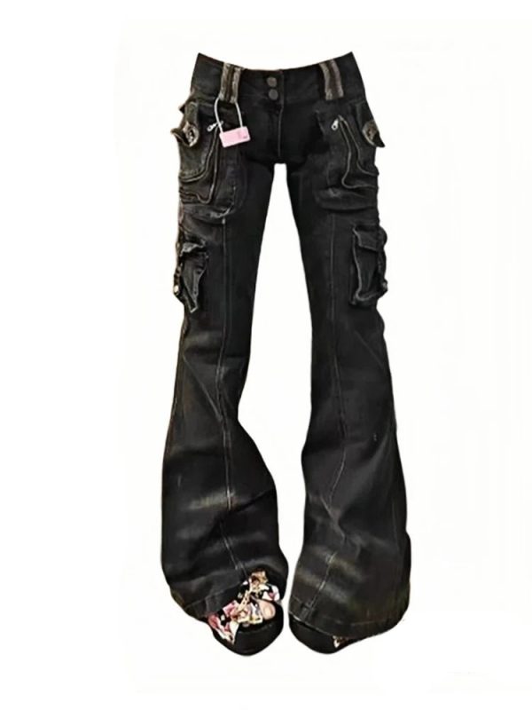 Trendy Y2K Utility Cargo Flare Jeans for Chic Aesthetic Outfits