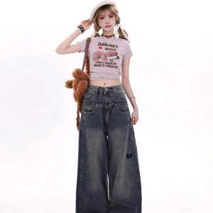 Trendy Y2K Wide-Leg Baggy Jeans for Effortless Grunge Aesthetic Style