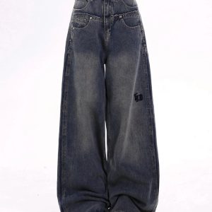 Trendy Y2K Wide-Leg Baggy Jeans for Effortless Grunge Aesthetic Style