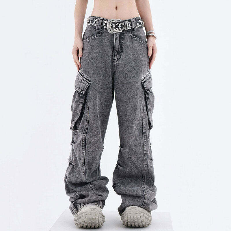 Trendy Y2K Wide Leg Cargo Jeans for a Chic Grunge Aesthetic Look