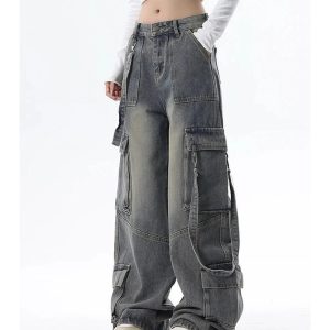 Trendy Y2K Wide-Leg Cargo Jeans for Grunge and Coquette Aesthetic