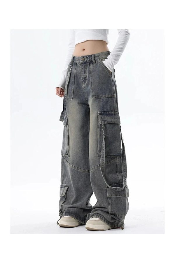 Trendy Y2K Wide-Leg Cargo Jeans for Grunge and Coquette Aesthetic