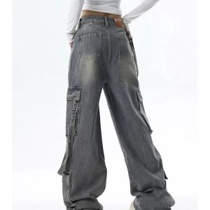 Trendy Y2K Wide-Leg Cargo Jeans for Grunge and Coquette Aesthetic