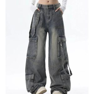 Trendy Y2K Wide-Leg Cargo Jeans for Grunge and Coquette Aesthetic