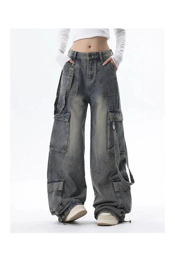 Trendy Y2K Wide-Leg Cargo Jeans for Grunge and Coquette Aesthetic