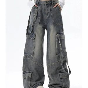 Trendy Y2K Wide-Leg Cargo Jeans for Grunge and Coquette Aesthetic