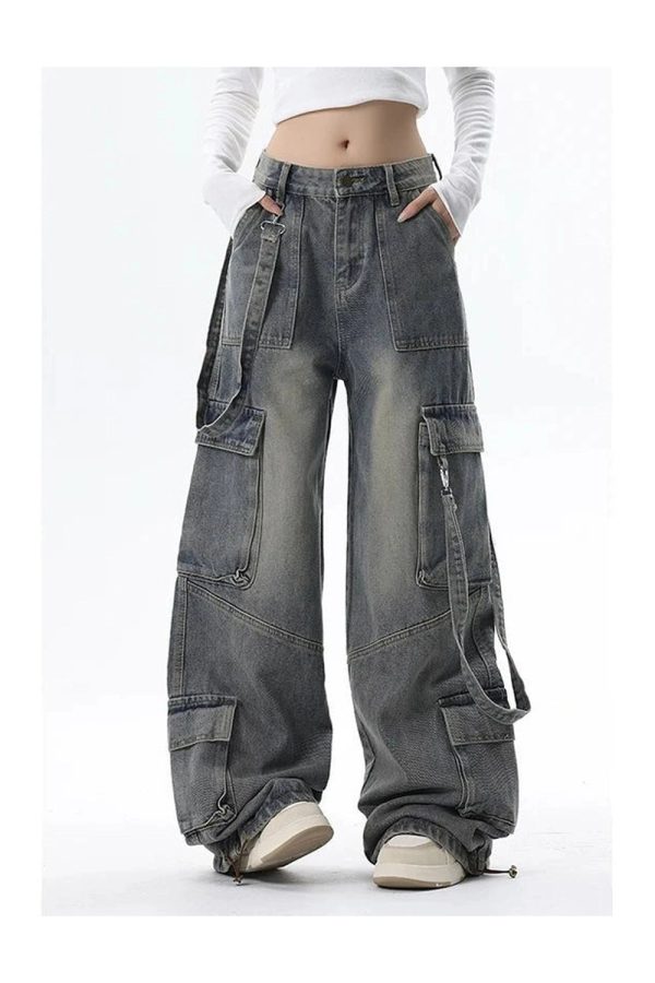 Trendy Y2K Wide-Leg Cargo Jeans for Grunge and Coquette Aesthetic