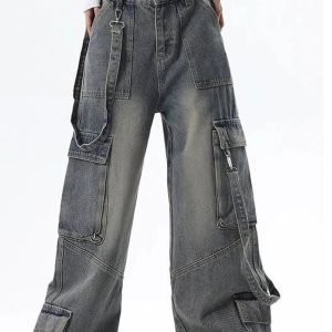 Trendy Y2K Wide-Leg Cargo Jeans for Grunge and Coquette Aesthetic