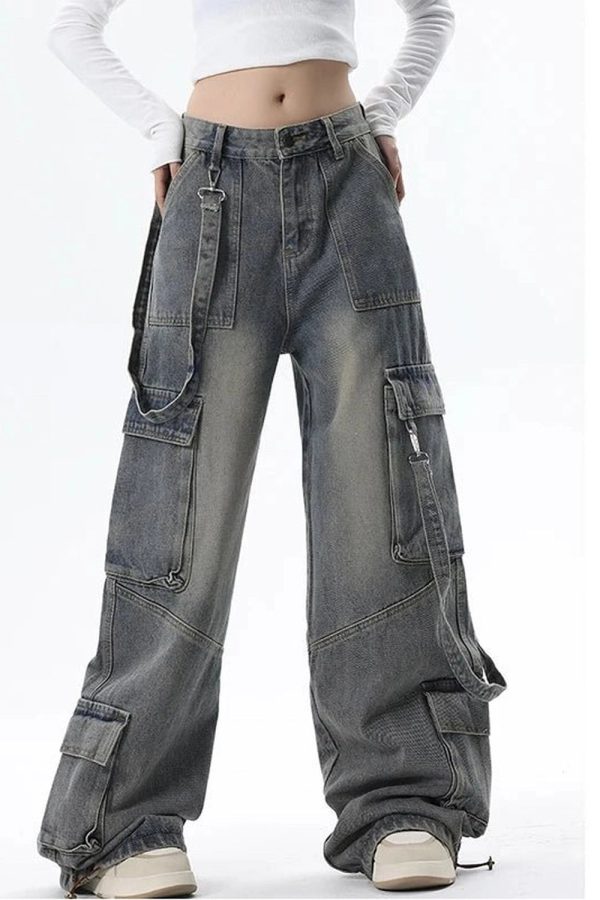 Trendy Y2K Wide-Leg Cargo Jeans for Grunge and Coquette Aesthetic