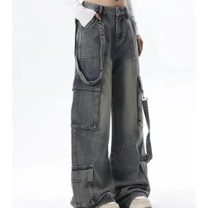 Trendy Y2K Wide-Leg Cargo Jeans for Grunge and Coquette Aesthetic