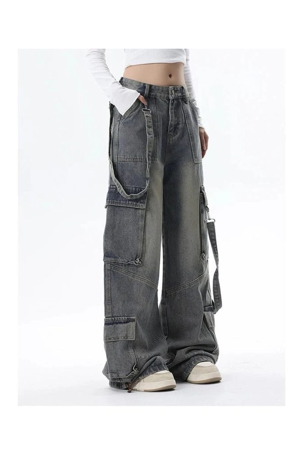 Trendy Y2K Wide-Leg Cargo Jeans for Grunge and Coquette Aesthetic