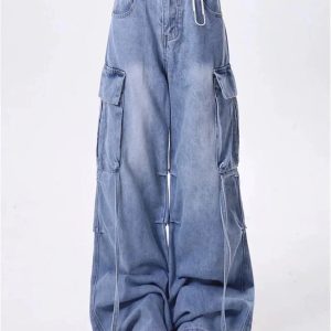 Trendy Y2K Wide-Leg Cargo Jeans for Grunge and Coquette Aesthetics