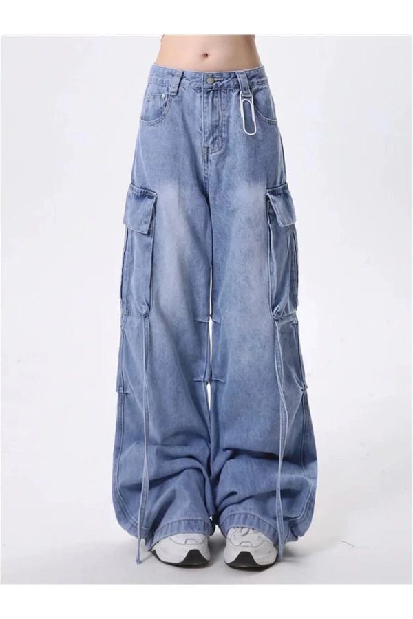 Trendy Y2K Wide-Leg Cargo Jeans for Grunge and Coquette Aesthetics