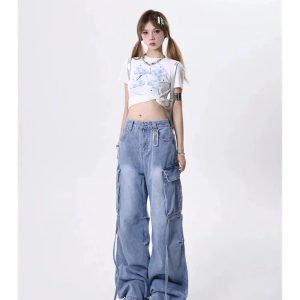 Trendy Y2K Wide-Leg Cargo Jeans for Grunge and Coquette Aesthetics