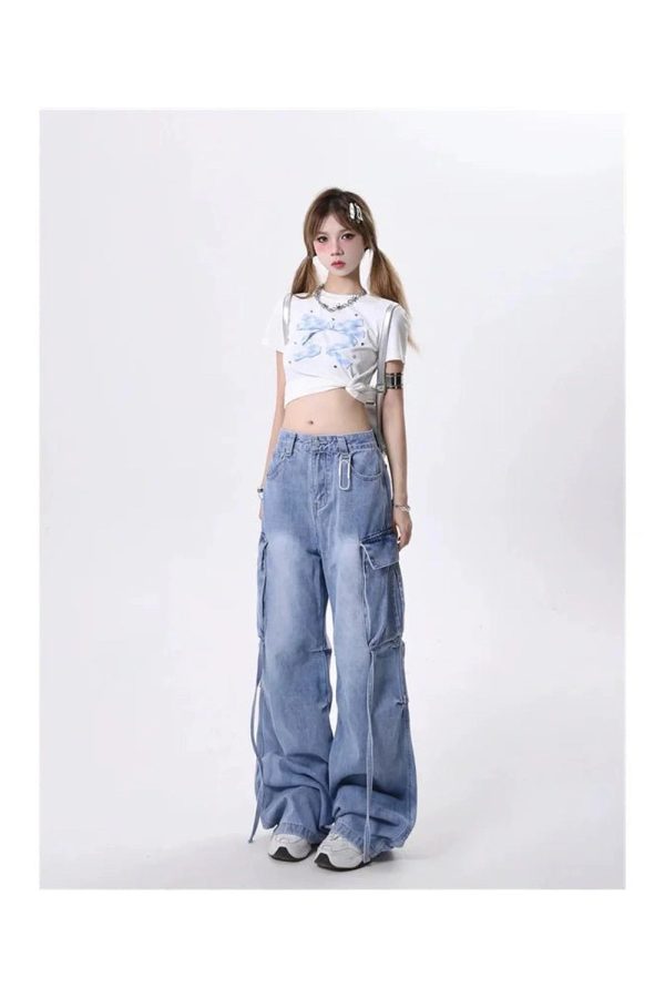 Trendy Y2K Wide-Leg Cargo Jeans for Grunge and Coquette Aesthetics