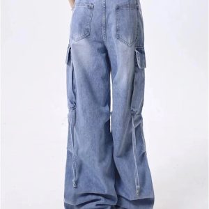 Trendy Y2K Wide-Leg Cargo Jeans for Grunge and Coquette Aesthetics