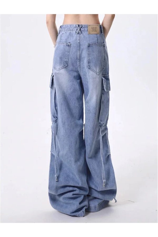 Trendy Y2K Wide-Leg Cargo Jeans for Grunge and Coquette Aesthetics