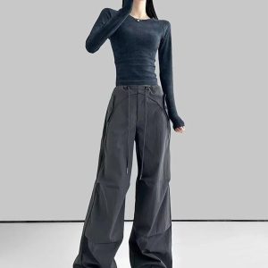 Trendy Y2K Wide-Leg Cargo Pants for Grunge and Coquette Aesthetic